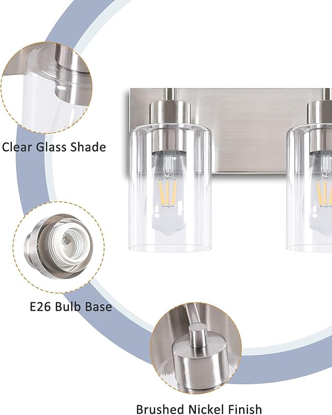 3-Light Bathroom Vanity Light Fixtures,Modern Wall Sconces,Bathroom Lights Over Mirror,Wall Mounted Lamp for Kitchen Living Room Bedroom Hallway,Brushed Nickel Finish with Clear Glass Shade