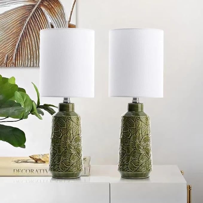 Ceramic Table Lamp Set of 2, 18" Modern Farmhouse Bedside Lamps with Leaf Pattern & White Linen Shade, Nightstand Lamps with Inline ON/Off Switch for Living Room, Bedroom, Dining Room