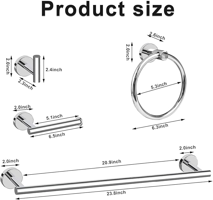 Cilee 8 Piece Polished Chrome Bathroom Hardware Set, 24inch Bathroom Towel bar+Towel Ring+Toilet Paper Holder+ Robe Towel Hook, SUS304 Stainless Steel Bathroom Accessory Set
