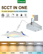 zouzai 4 Inch Square LED Recessed Light for Round Cut Outs,Ultra-Thin 5CCT Selectable & Dimmable Downlight with Junction Box, ETL & Energy Star Certified【12 Pack White】