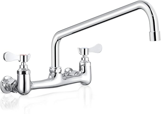 Wall Mount Commercial Sink Faucet with 12” Swivel Spout, 8" Center Wall Mount Kitchen Faucet, Dual Handles Brass Utility Sink Faucet for Laundry Room Restaurant