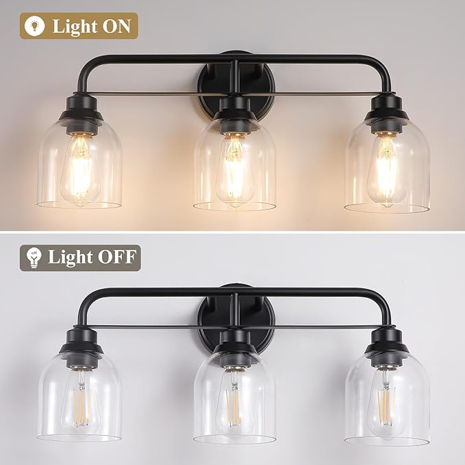 3 Light Matte Black Vanity Lights for Bathroom, Bathroom Light Fixtures Over Mirror with Clear Glass Shade, Ceramic E26 Sockets Wall Mounted