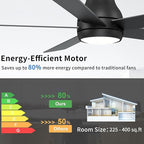 60 Inch Black Ceiling Fans with Lights and Remote, LED Low Profile Flush Mount Ceiling Fan for Bedroom, Living Room, Quiet DC Motor, Dimmable 6 Speeds