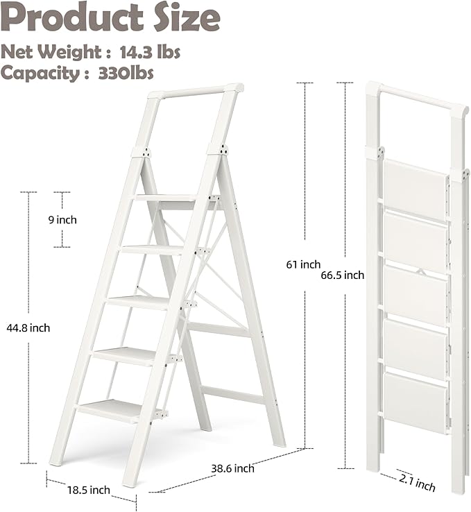 HillhutApex 5 Step Foldable Aluminum Step Ladder with Handgrip, Anti-Slip Pedal, 330 lbs Capacity, Lightweight & Portable for Home, Kitchen, Office, Garage (White)