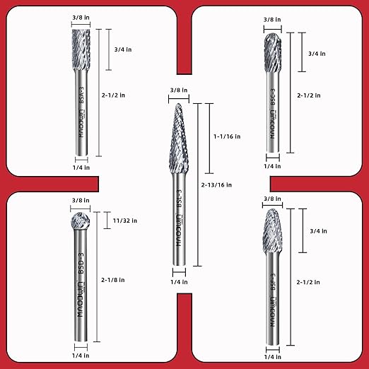 Carbide Burrs Set, 1/4" Shank Double Cut, Solid Power Tools 5PCS Spiral Rotary Files Die Grinder Bits for Metalworking Wood Cutting Carving & Deburring
