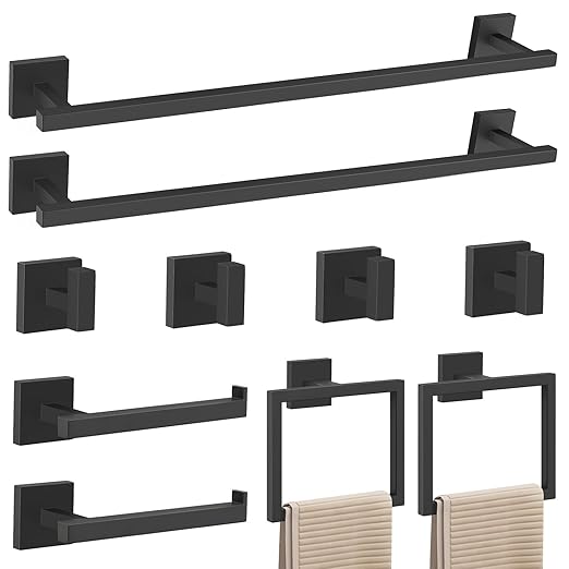 YACVCL Matte Black Towel Bar Set 10-Piece Bathroom Hardware Accessories Set,Black Bathroom Towel Holder Set 23.6 Inch Towel Bar Stainless Steel Wall Mounted Towel Rack Set