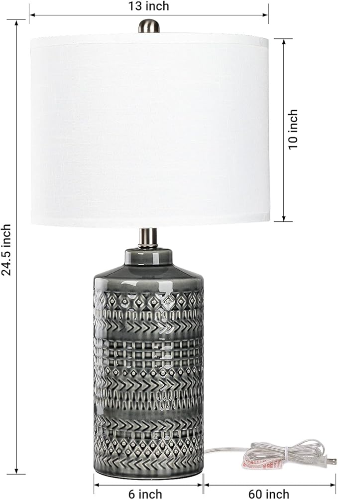 Modern Ceramic Table Lamp, 24.5" Living Room Lamps 3-Way Dimmable Gray Nightstand Lamp with White Shade|Tall Bedside Lamp Desk Decor Lamps for Bedrooms Farmhouse Office End Table Lamps(Bulb Included)
