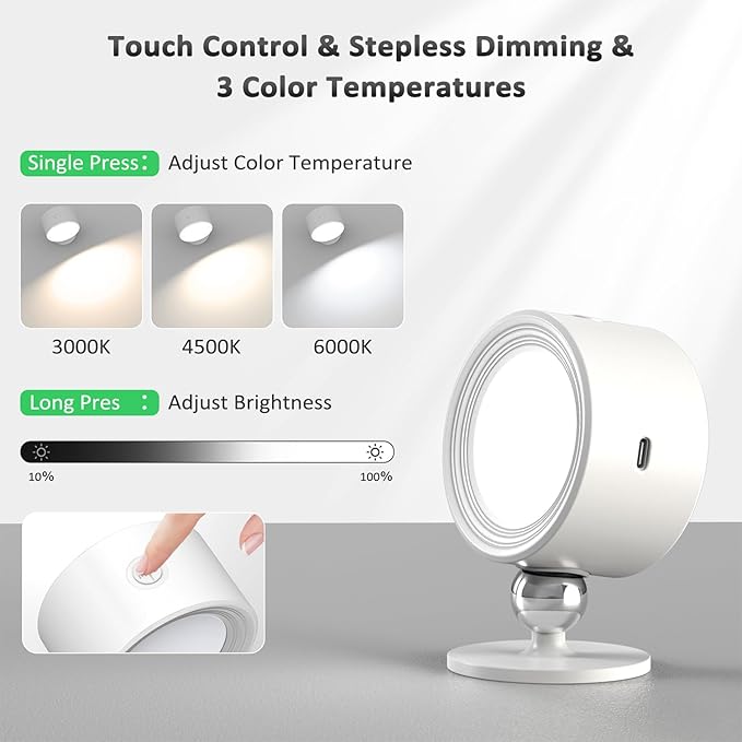 LED Wall Lights, Wall Lamp 3 Color Temperatures & Dimmable Magnetic 360° Rotation with Remote, Wall Sconces 2 Pcs with 3000mAh Rechargeable Battery, Cordless Wall Light for Reading Bedside Hallway