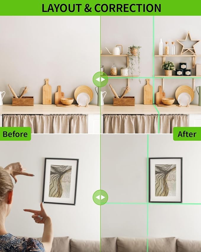 Firecore 82Ft Self Leveling Laser Level, Green Cross Line Laser Leveler Tool with Brightness Adjustment, Accurate Lazer Level for Picture Hanging Home Decoration,Battery Carry Pouch Included