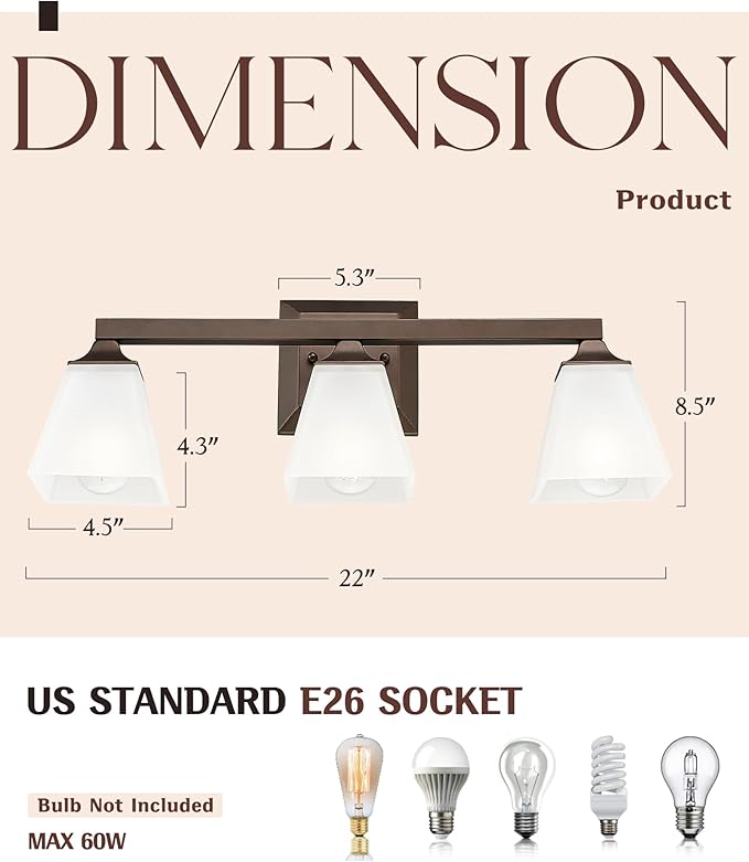 Bathroom Lighting Fixtures, HWH 3-Light Vanity Light Fixture Over Mirror, Farmhouse Wall Sconce Lighting with Frosted White Square Bell Glass, Oil-Rubbed Bronze Finish, 5HY68BG1-3W ORB