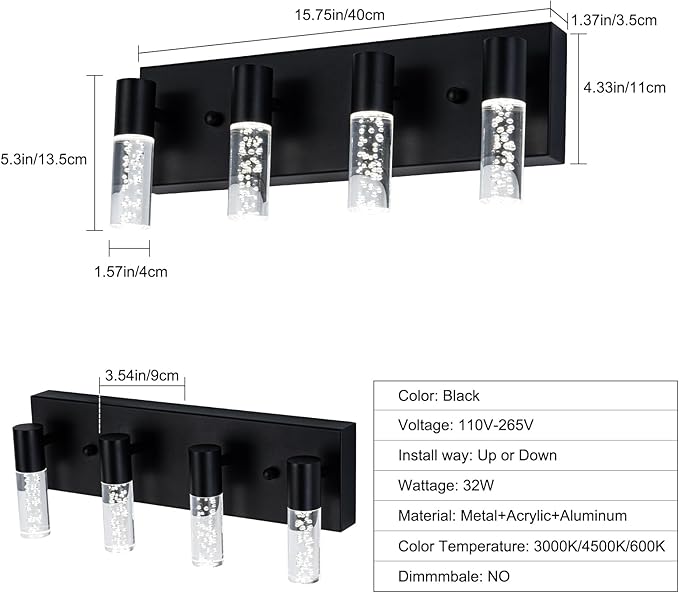 4-Light LED Vanity Light Fixture in Black - Modern Bathroom Lighting, Over Mirror Illumination | Multicolor Temperature 3000K/4000K/6000K | Stylish Bathroom Dec