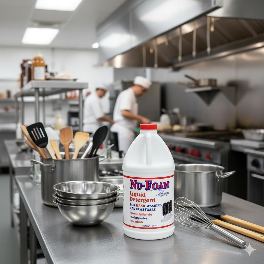 Nu-Foam Liquid Detergent for Bar Glassware – Original Streak-Free Solution - Hand Washing Bar, Tavern, Brewery Supplies - Spotless Serving Glasses - Concentrated Formula - Easy On Hands - 64oz Jug