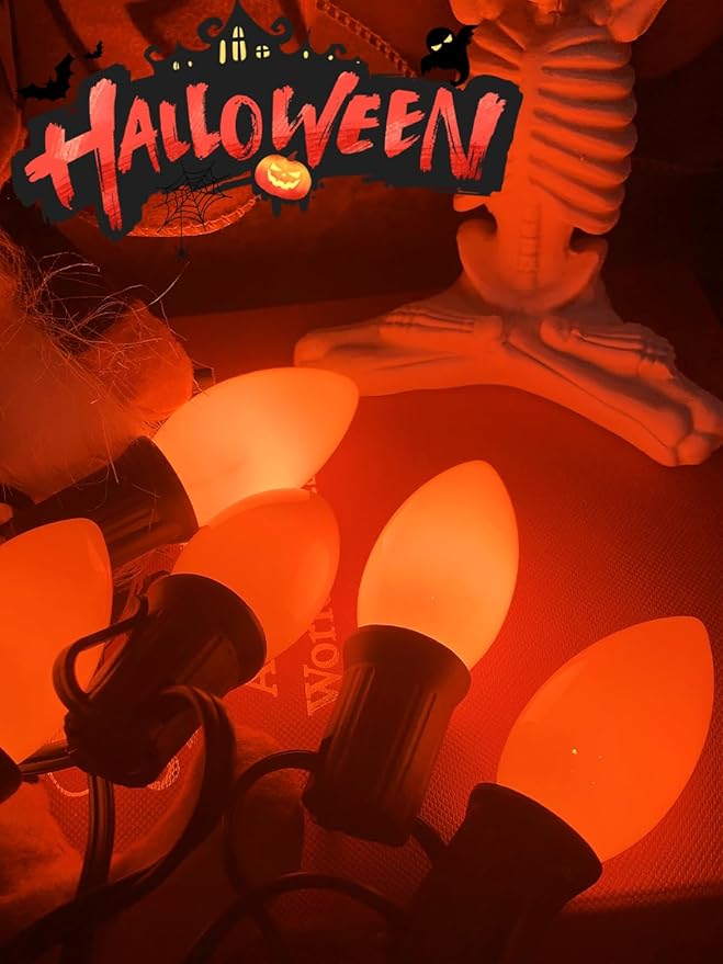 C9 Ceramic Halloween Replacement Bulbs, 25 Pack Orange Light Bulbs for E17 Candelabra Base Outdoor/Indoor String Lights, 7 Watt