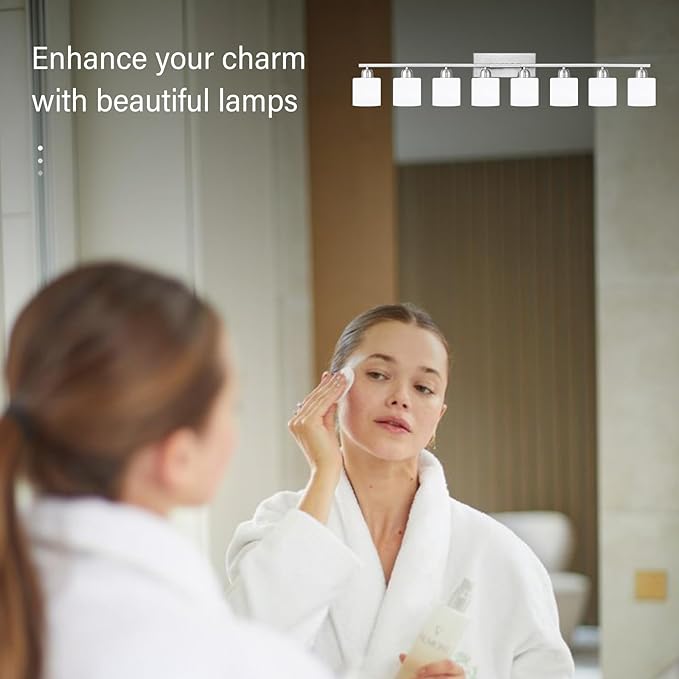 Brushed Nickel Light Fixture Bathroom for Huge Mirror, 8 Light Mirror Lights with Milky White Frosted Glass Shades, 51 inch Bathroom Mirror Lights for Mirrorss, E26 Socket