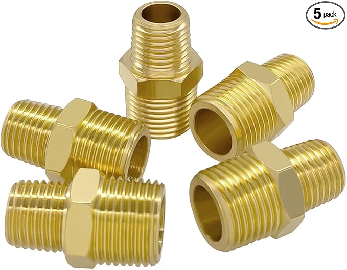 Hooshing 3/8" NPT Male to 1/4" NPT Male Reducing Hex Nipples Brass Pipe Fitting Adapter for Plumbing,5 Pack