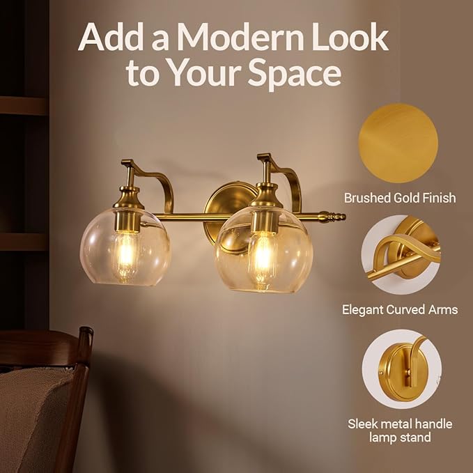 ANDY STAR 2 Light Bathroom Vanity Light, Brushed Gold Bathroom Light Fixtures, Wall Lighting with Clear Globe Glass Shades, Brass Wall Sconce for Living Room, Bedroom, Hallway