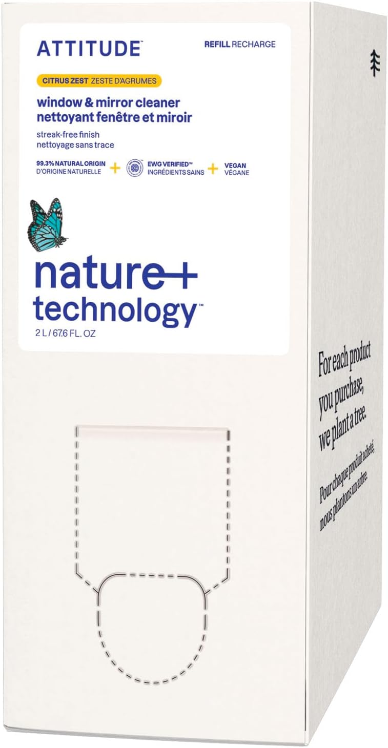 ATTITUDE Window & Mirror Cleaner Refill, EWG Verified, Plant- & Mineral-Based, Vegan & Streak-Free Glass Spray, Citrus Zest Scent, 67.6 Fl Oz