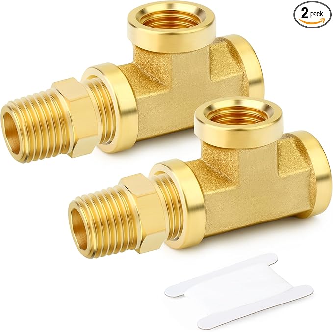GASHER 2PCS Brass Tee Pipe Fittings, 1/2" NPT Female x 1/2" NPT Female x 1/2" NPT Male Pipe Fittings, Male Run Tee