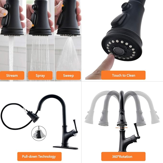 APPASO Black Kitchen Faucet with Pull Down Sprayer Head - Single Handle High Arc Single Hole Pull Out Kitchen Sink Faucets with Deck Plate, Matte Black