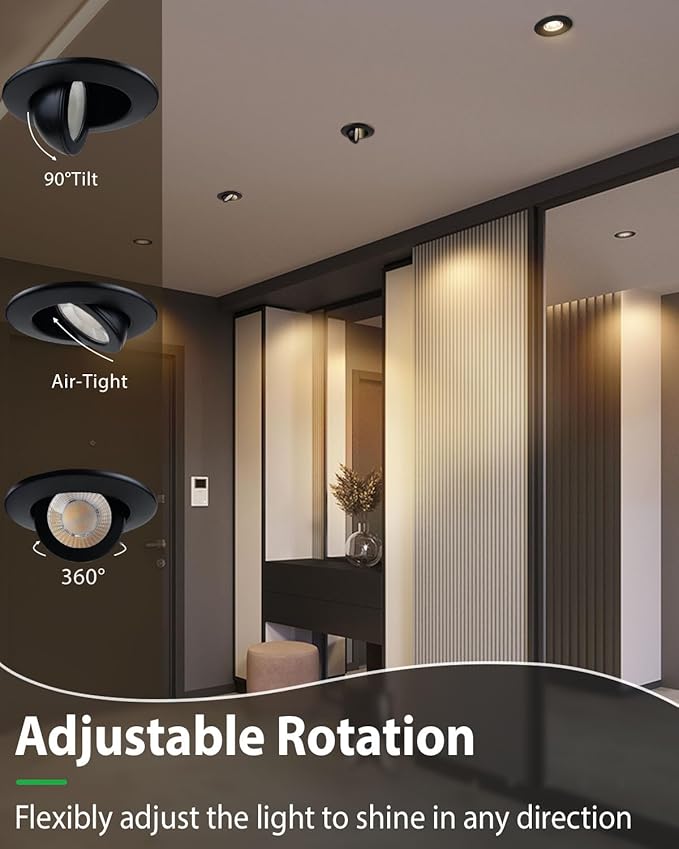 zouzai 3 Inch Gimbal Black Led Recessed Lighting, 360°+90° Adjustable Directional Led Recessed Lights, 2700K/3000K/3500K/4000K/5000K Dimmable Retrofit Eyeball Can Lights with Jbox,ETL (Black, 1 Pack)