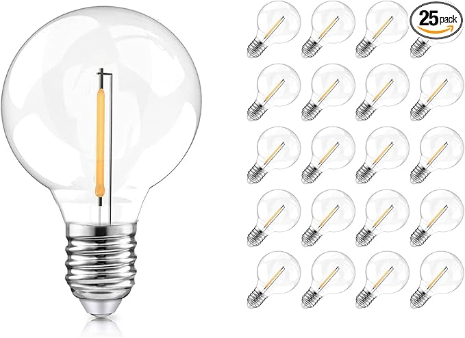 25Pack G40 LED Replacement Bulbs, E12 Candelabra Base, 1W (7W Equivalent) Dimmable 2700K, Shatterproof Plastic Globe for Outdoor String Lights, Patio, Porch, Christmas, Wedding, Cafe & Bistro
