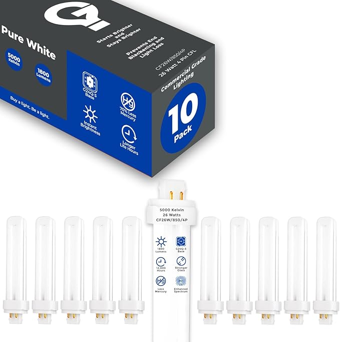 GoodBulb 26 Watt CFL Light Bulbs 4 Pin G24Q-3 Base 5000K Daylight 26W High Output 1800 Lumens Double Tube Compact Fluorescent Light Bulbs Plug-in 10 Pack