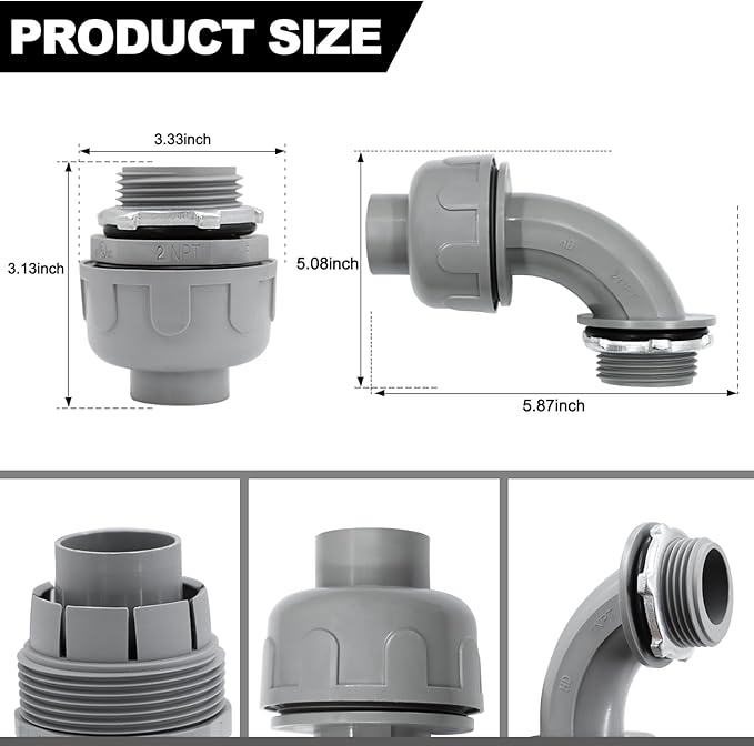 2 inch Liquid Tight Connector PVC Flexible Conduit Connector,180 Degree and 90 Degree UL Listed Liquid Tight Connector, Non-Metallic Electrical Conduit Fittings (6 Pack)