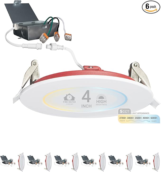 NUWATT 2 Hour Fire Rated Recessed Lighting 4 Inch Wafer LED Lights, 2700K/3000K/3500K/4000K/5000K Selectable, 12W, Dimmable 900LM, Wet & IC Rated, 90 CRI Canless Light, ETL, No Tenmat Needed, 6 Pack