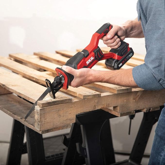 SKIL 20V 4-Tool Combo Kit: 20V Cordless Drill Driver Reciprocating Saw, Circular Saw and Spotlight, Includes Two 2.0Ah PWR CORE Lithium Batteries and One Charger - CB739701,Black, Red