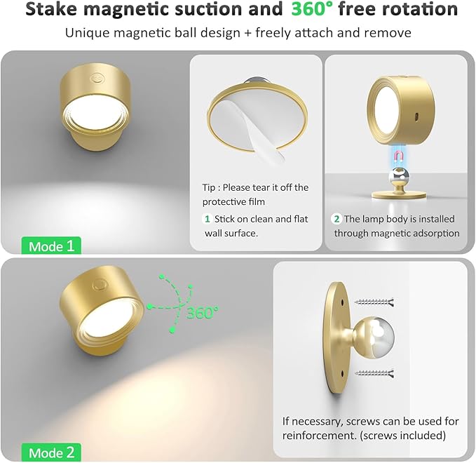 LED Wall Lights Lamp 3 Color Temperatures & Dimmable Magnetic 360° Rotation with Remote, Wall Sconces 3 Pcs with 3000mAh Rechargeable Battery, Cordless Wall Light for Reading Bedside Hallway