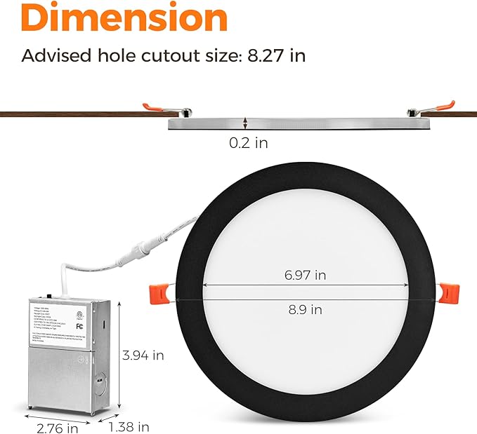 12 Pack Black 8 Inch 5CCT LED Recessed Ceiling Light with Night Light, Dimmable Canless Wafer Downlight, 2700K/3000K/3500K/4000K/5000K Selectable, Ultra-Thin, 15W, ETL