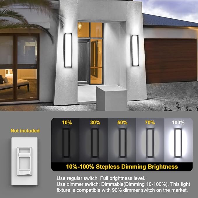 Sytmhoe Outdoor Wall Lights, 23.6in 10%-100% Dimmable 6000K LED Modern Patio Wall Light Fixture, Aluminum&PC Black Exterior Sconce Wall Mounted Lights,Suitable for Garage Courtyard House(6000K)