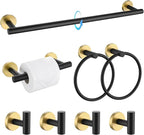 TQKAG 8-Pieces Bathroom Hardware Set Black and Gold SUS304 Stainless Steel Bath Towel Bar Set 23.6 Inch Round Bathroom Accessories Kit Wall Mounted