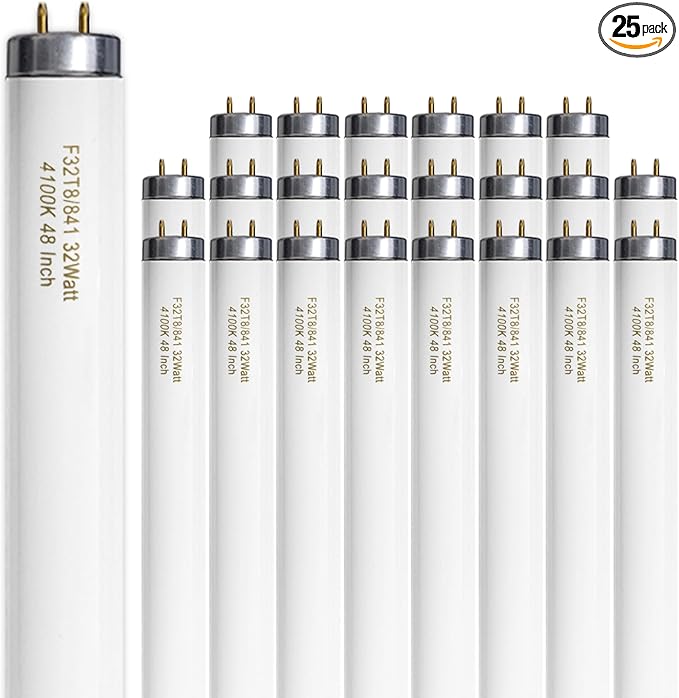 25 Pack F32T8/841 32W 48 Inch T8 Fluorescent Tube Light Bulb 4100K Cool White Light, 4ft Fluorescent Bulb 2800 Lumens, FO32/841/ECO G13 Medium Bi-Pin Base