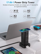Power Strip with Wireless Charger, Flat Plug Surge Protector with 6FT Extension Cord, 12 AC Multiple Outlets, 4 USB (2 USB C), 15W Wireless Charging Power Tower for Home Office Dorm, Black