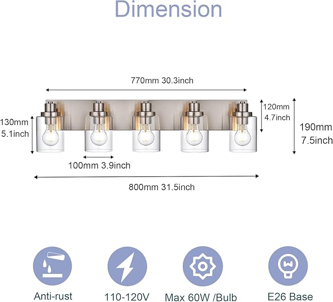 5 Light Brushed Nickel Vanity Lights Bathroom Lighting Fixtures Over Mirror, Modern Bathroom Lights with Clear Glass Shade, Farmhouse Vanity Wall Sconces Lighting for Bedroom Living Room
