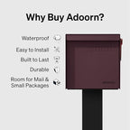 Adoorn Post Mount Mailboxes, 9.5 x 9.5 x 19.5 (HxWxD) Large, Galvanized Steel Modern Mailbox, for Daily Letters, Magazines and Packages, Weatherproof with Front Access Door - Malbec