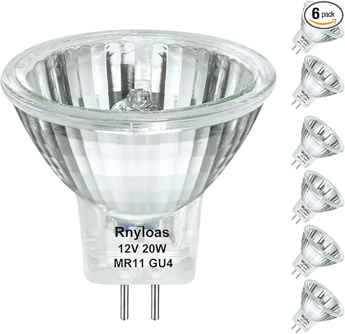 GU4 Halogen 20W, 6 Pack GU4 Base MR11 12V 20W, Long Lasting GU 4 MR11 Dimmable with Glass Cover, MR 11 Warm White 2800K Fiber Optic Light Bulb, MR 11 Bulb with GU 4 /GZ4 Bi Pin Base