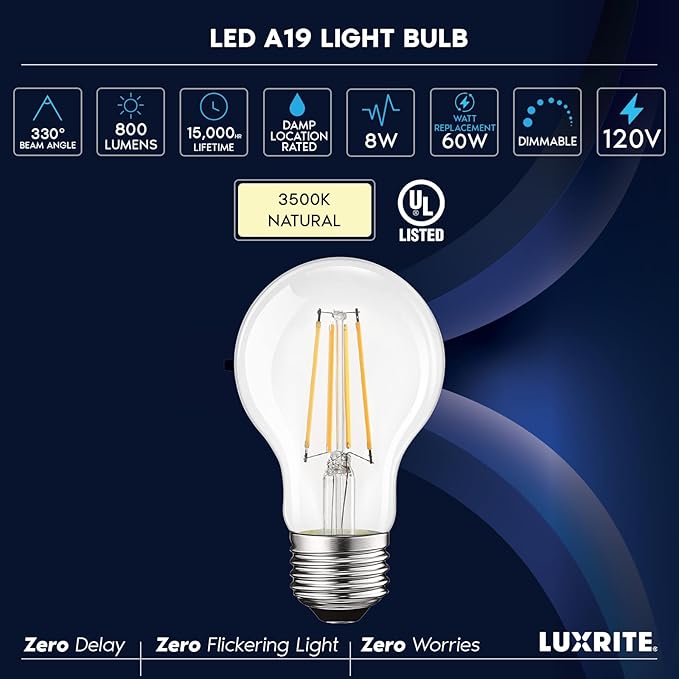 LUXRITE Vintage A19 LED Light Bulbs 60W Equivalent, 3500K Natural White Dimmable, 800 Lumens, Standard LED Edison Bulb 8W, UL Listed, E26 Base (4 Pack)