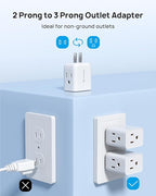 TROND 2 Prong to 3 Prong Outlet Adapter, Multi Plug Wall Outlet Extender, 3 Way Plug Splitter, Horizontal Wall Expander for Non-grounded Socket for Old Home Office Hotel Cruise Travel, 2 Pack, White