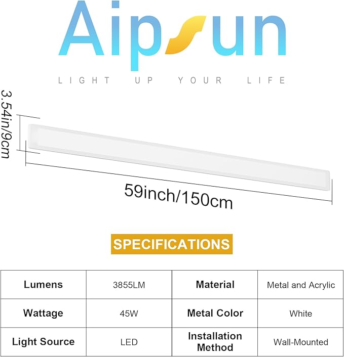 Aipsun Porch Wall Lights 59inch Long Strip Modern Outdoor Wall Light Fixture, White Wall Mount Lighting Sconce Exterior Lights Wall Sconce 3000K for House Living Room Corridor(1 Pack)