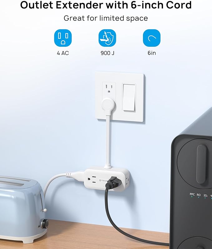 TROND Outlet Extender with 6 Inch Cord, Flat Plug Adapter with 4 Electrical Sockets, 900J Surge Protector, Wall Mountable, Multi Plug Wall Outlet for Home Office Travel Dorm Room Essentials, White