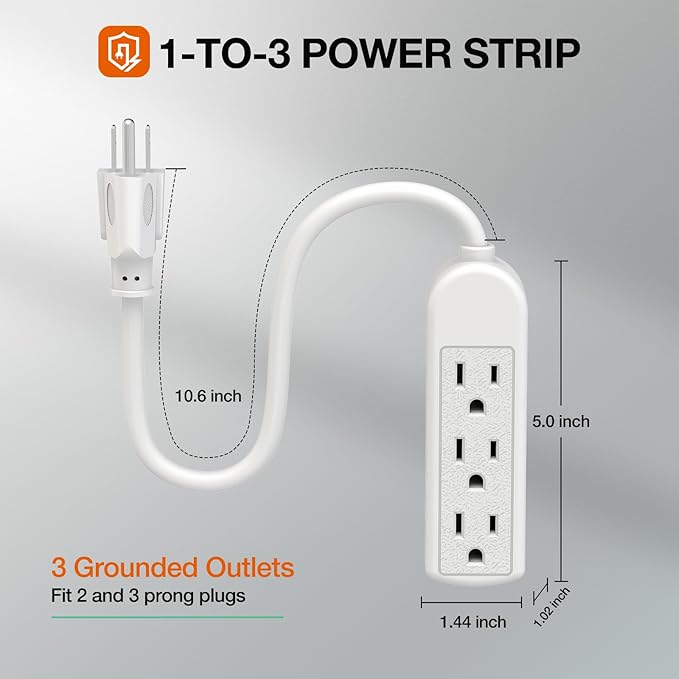 5-Pack Power Strip 3 Prong Outlet - Slim White 3 Grounded Outlets 1ft Heavy Duty Extension Power Cord Power Strip Ideal for Computer/Phone/Home/Office (13A/125V/1625W/ETL Listed)
