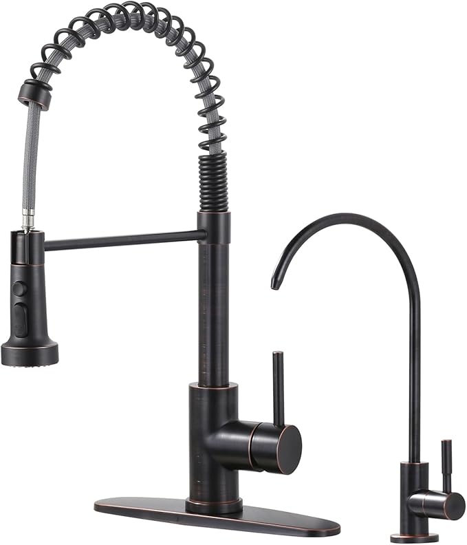 Kitchen Faucet and Water Filter Faucet: Stainless Steel Kitchen Sink Faucet with Drinking Water Faucet - Oil Rubbed Bronze Single Handle Tap with Pull Down Sprayer for Kitchen Sink Farmhouse Bar