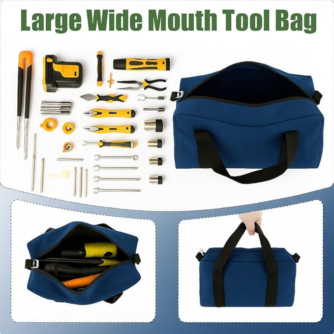 Small Tool Bag,Close Top Wide Mouth Tool Organizer Bag,Large Capacity Tool Bags for Men,Canvas Tool Storage Bag for Storage Handbag for Screwdrivers,Wrench,Pliers Hand Tools (Royal Blue, 20 Inch)