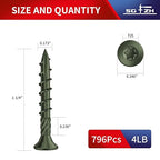 #8 x 1-1/4" Deck Screws (796Pcs) 4lb. Carbon Steel, Green, Flat Head, Rust Resistant epoxy Coated, with T25 Star Bit