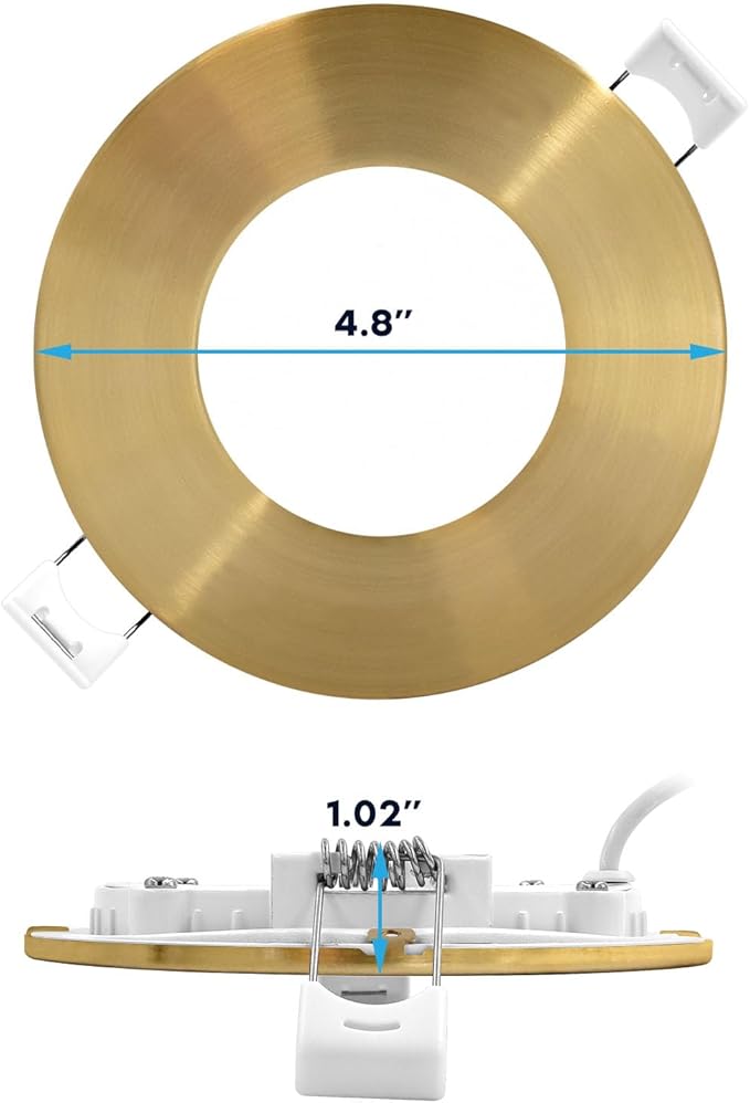 LUXRITE 4 Inch Ultra Thin LED Recessed Light with J-Box, 10W, 5 Color Options 2700K | 3000K | 3500K | 4000K | 5000K, Dimmable Wafer Lights, 750 Lumens, Brass Trim, Energy Star, IC Rated