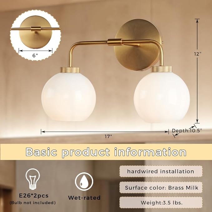 Minimalist Aged Brass Metal Finish Glass Globe Double Wall Sconce, 17 Inch Hand-Polished Vanity Light with Milky Glass Shade Over Mirror, Wall Light for Hallway, Bathroom (Milk Glass-Brass)