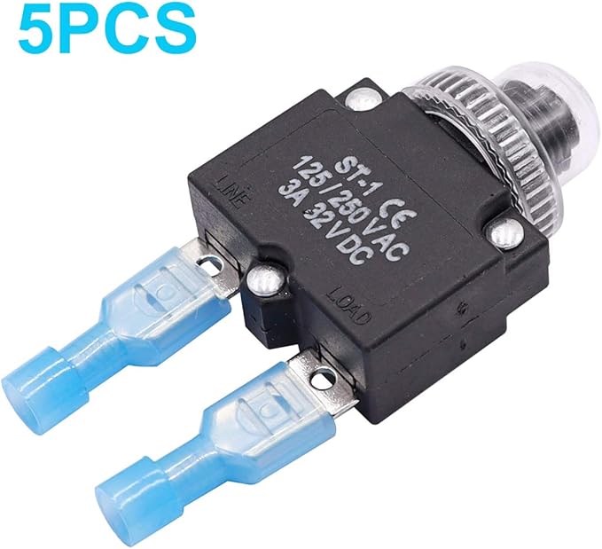 mxuteuk 5Pcs 3Amp Circuit Breakers Push Button Manual Reset 125/250V AC 32V DC,Overload Protector Switch Thermal Circuit Breakers with Quick Connect Terminals and Waterproof Button Caps ST1-5-3A