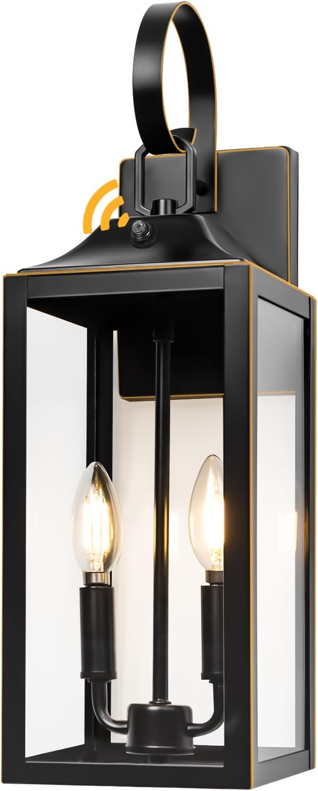 Large Dusk to Dawn Outdoor Lighting - 19" Black Outside Wall Mount Light Fixture with Gold Trim, Exterior Farmhouse Wall Sconce Lantern, Modern Porch Light Exterior Lamp for House 2-Light (1 Pack)